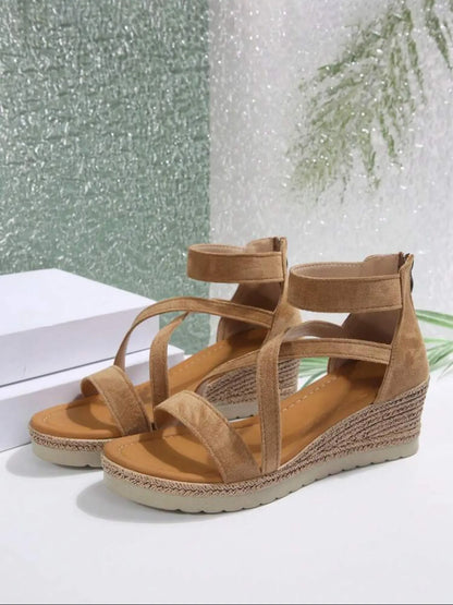 Women's Velvet Wedge Sandals – Chunky Sole, Cross-Strap