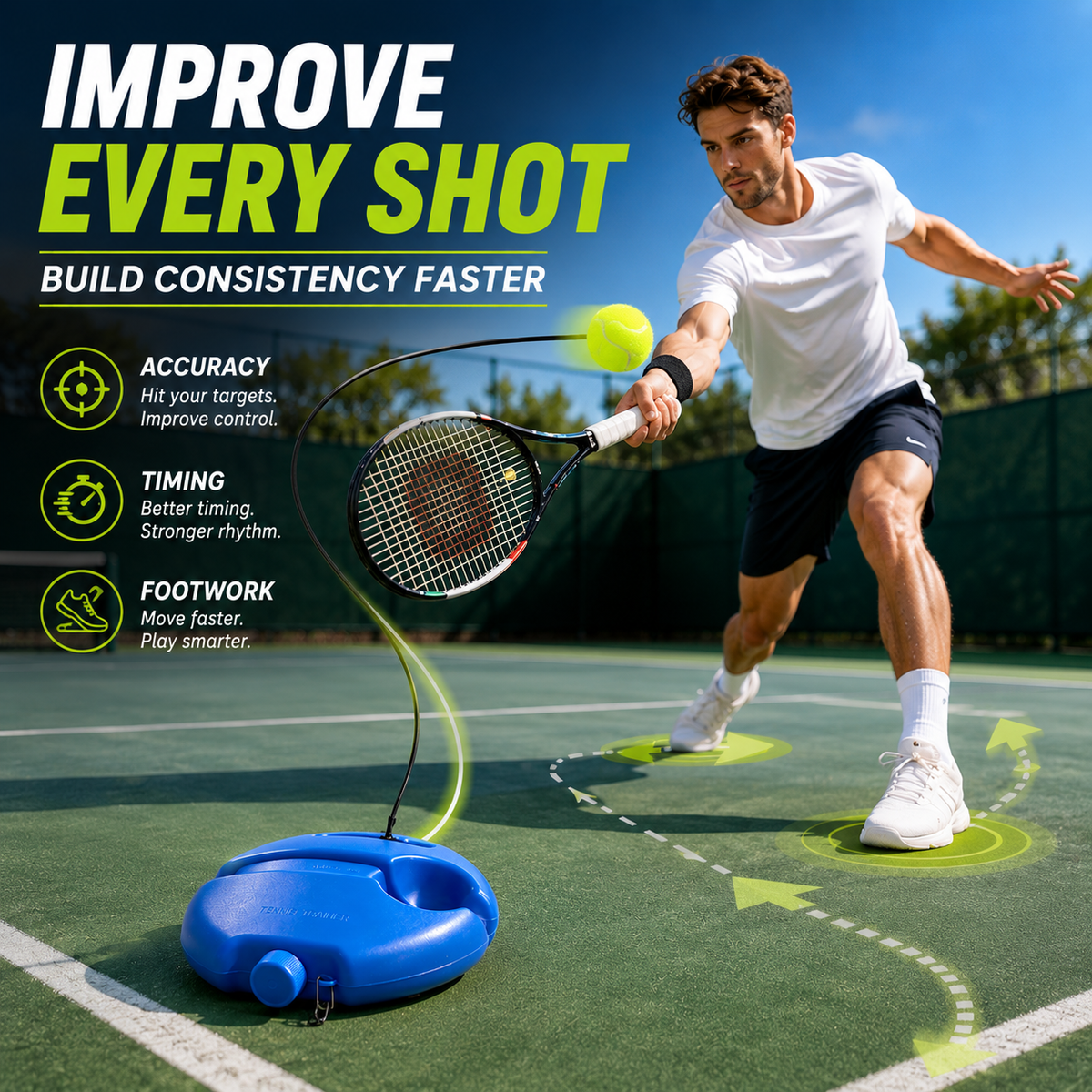 Solo Tennis Trainer Rebound Set – Practice Anytime, No Partner Needed，3 Balls