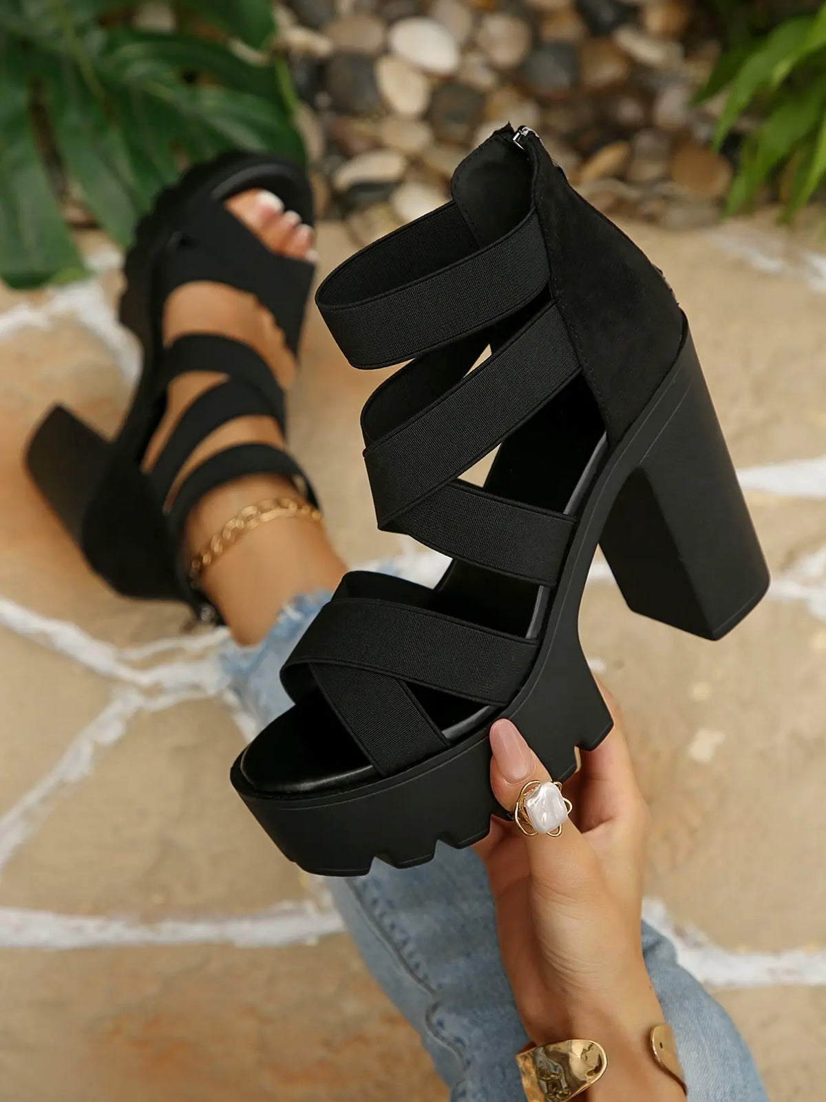 Women's Faux Leather Sandals – Platform, Chunky Sole, High Heel