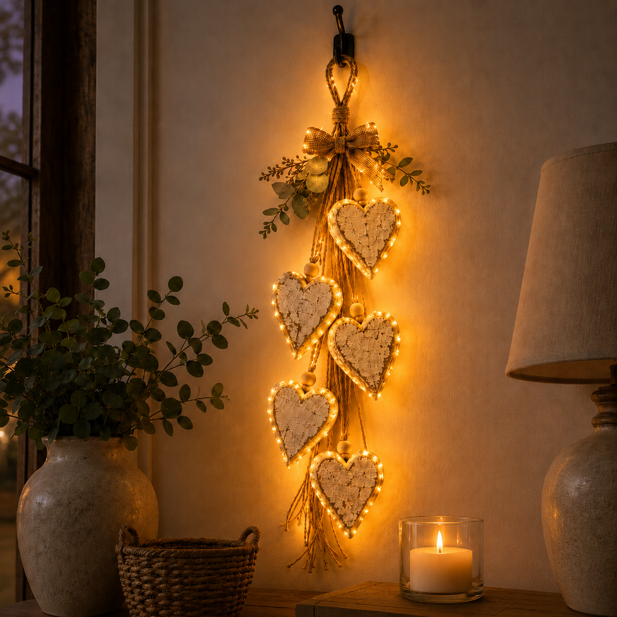 LED Hanging Heart Wall Decor – Warm Glowing Rustic Home Accent