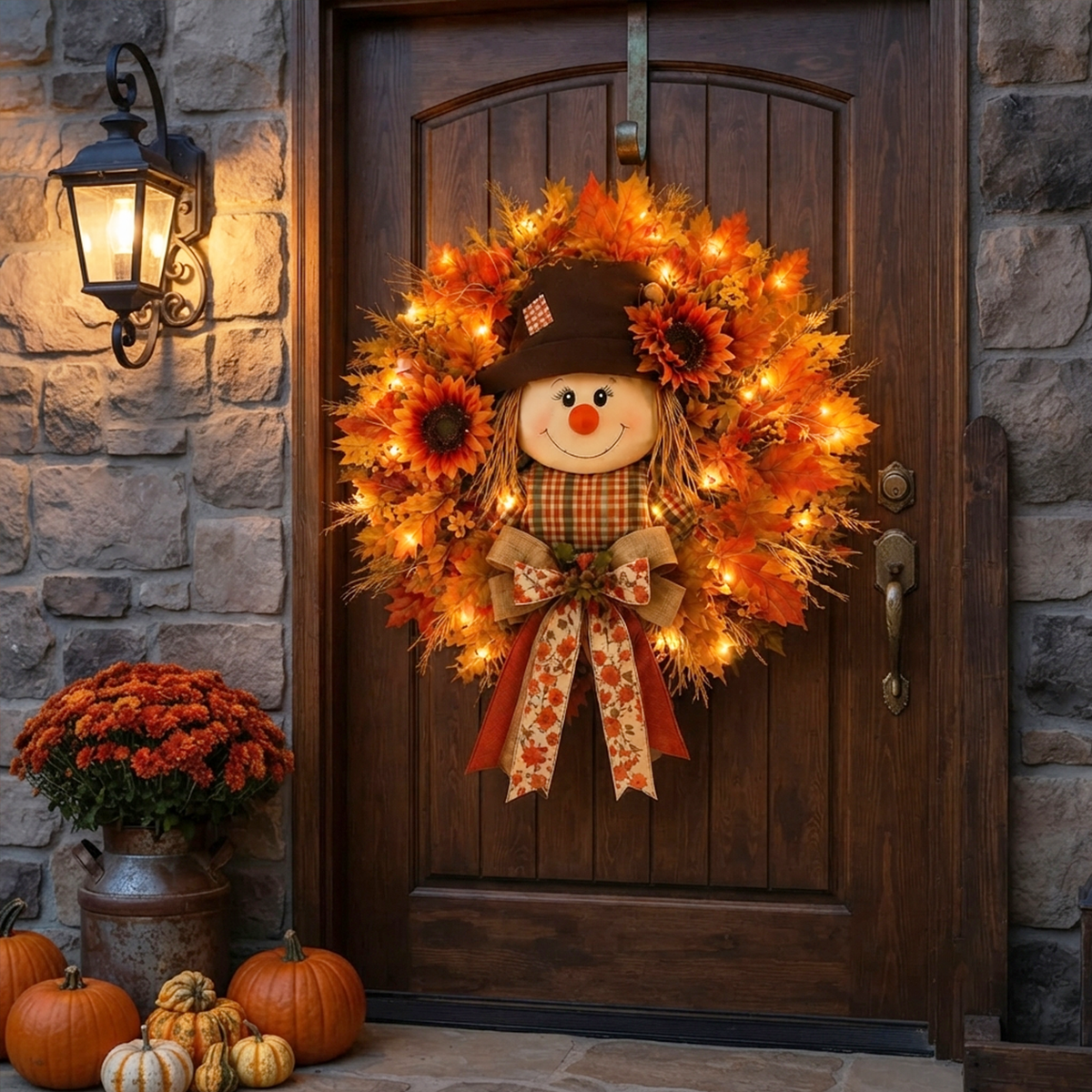 Fall Favorite – Lighted Scarecrow Front Door Wreath