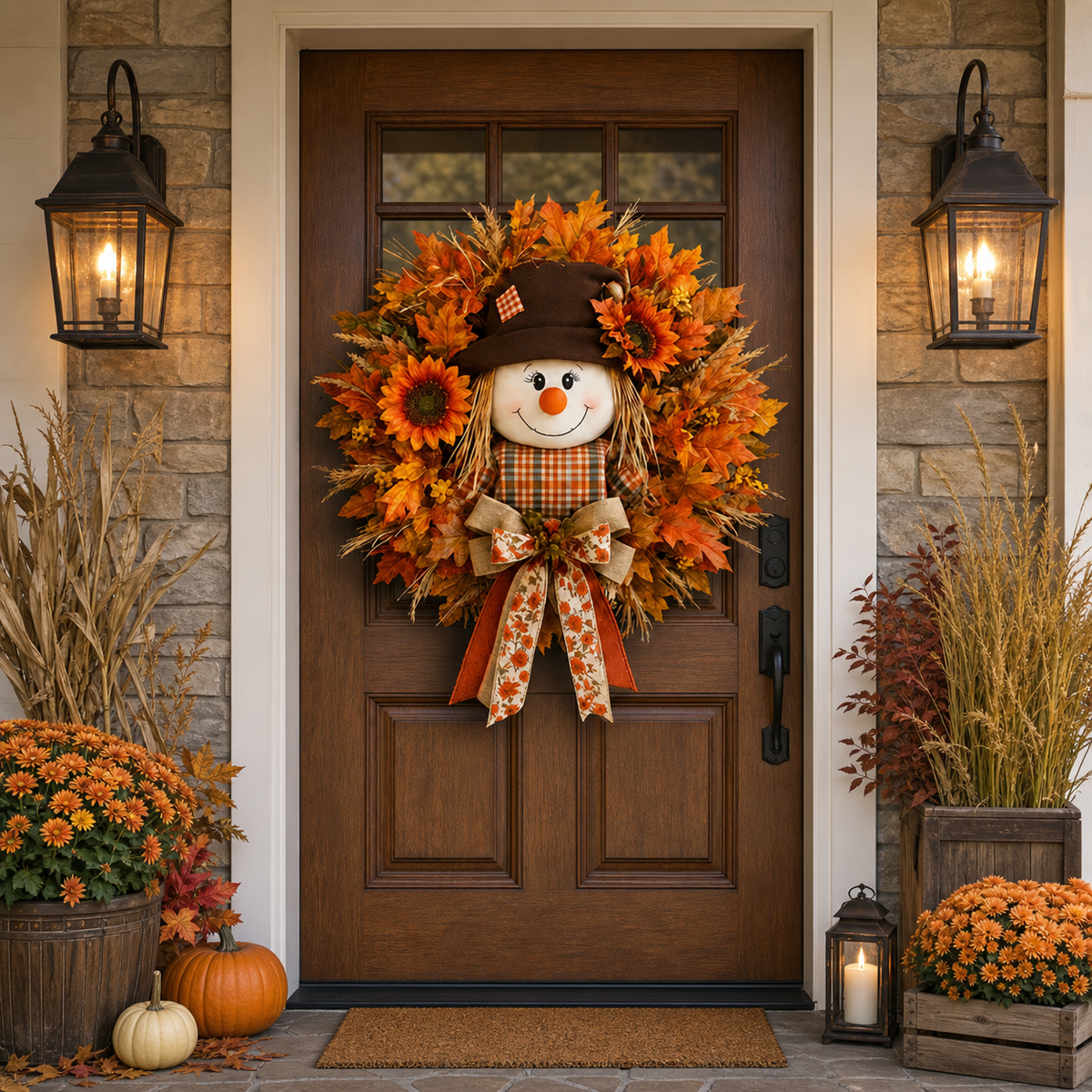 Fall Favorite – Lighted Scarecrow Front Door Wreath
