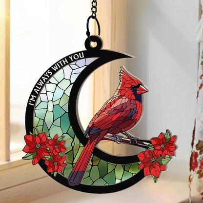In Loving Memory Cardinal Stained Glass Moon Ornament – Personalized Window Suncatcher