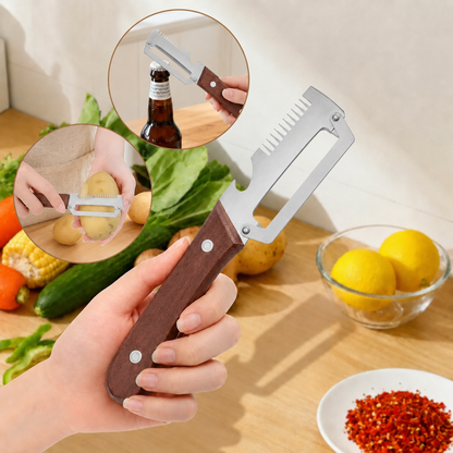 Wooden-Handled Vegetable & Fruit Peeler - Stainless Steel Blade with Built-In Bottle Opener