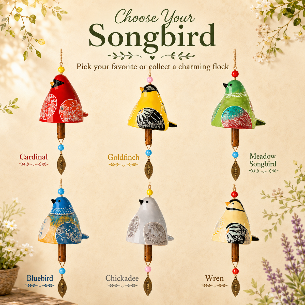 Resin Bird Wind Chime | Colorful Folk Art Garden Hanging Decor