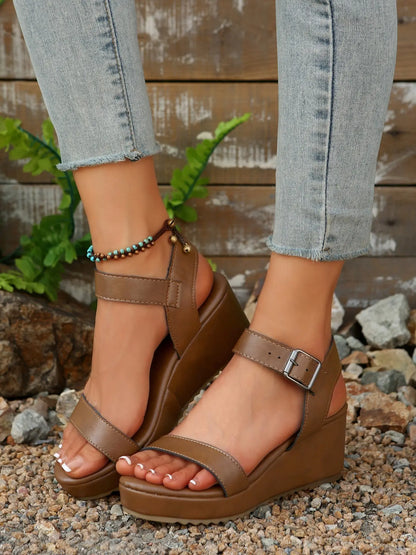 Women's Faux Leather Rubber Wedge Sandals – Minimalist, Chunky Sole, Adjustable Strap