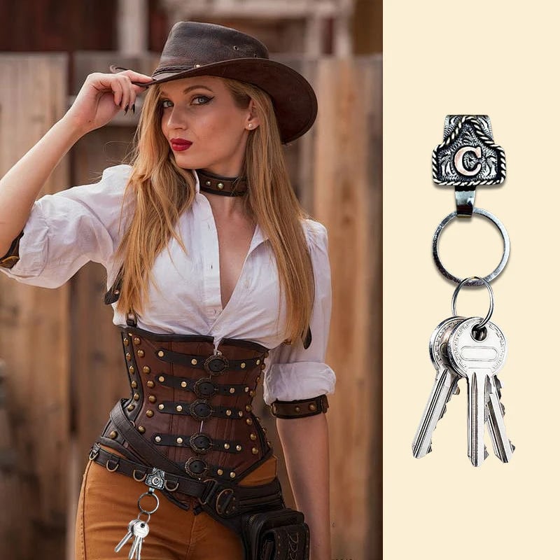 Vintage Brass Initial Cow Tag Keychain – Personalized Western Belt Loop Carry