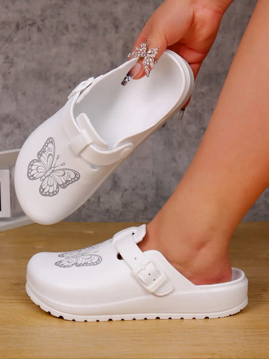 Women's Butterfly Print Slides – Adjustable Strap, Lightweight
