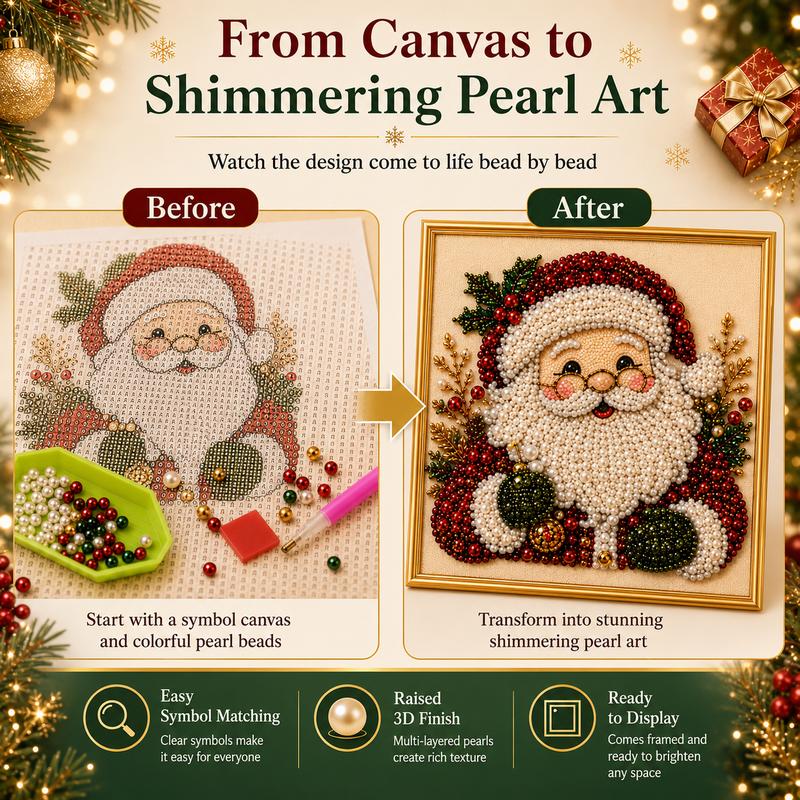 Frameless 3D Beaded Christmas Pearl Diamond Painting, Xmas Wreath Stocking Mosaic Art