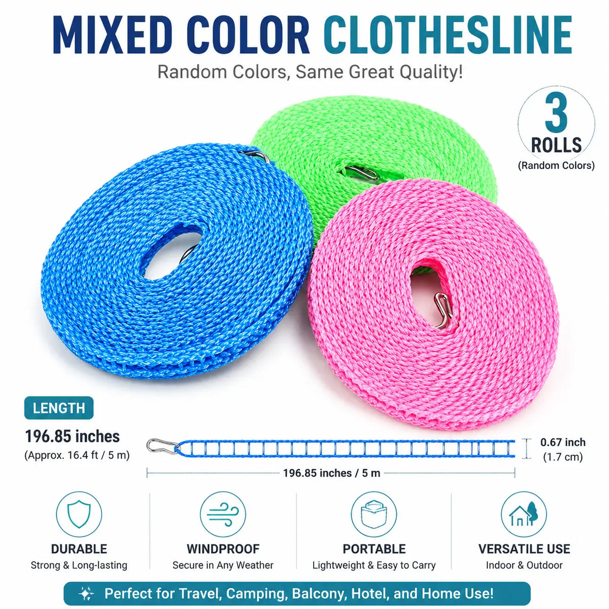 3 Roll Portable Clothesline – 196.85 Inch Adjustable Laundry Line, Windproof & Non-Slip