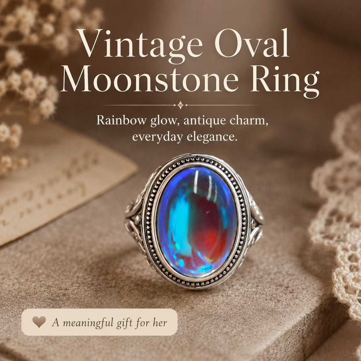 Vintage Rainbow Moonstone Ring-Oval Cabochon Filigree Jewelry
