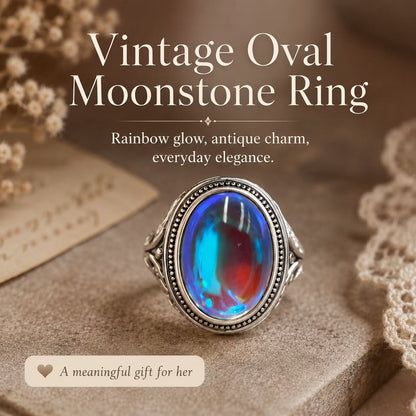 Vintage Rainbow Moonstone Ring-Oval Cabochon Filigree Jewelry