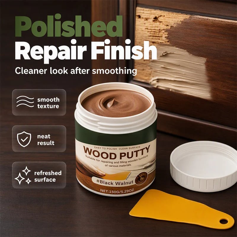 Wood Repair Filler Putty – Fills Cracks & Chips, Smooths Surfaces, Blends with Dark Wood