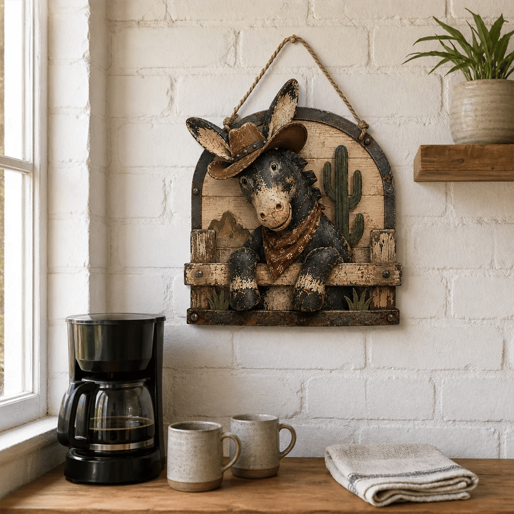 Rustic Cowboy Donkey Wall Hanging – Western Farmhouse Décor & Country Keepsake