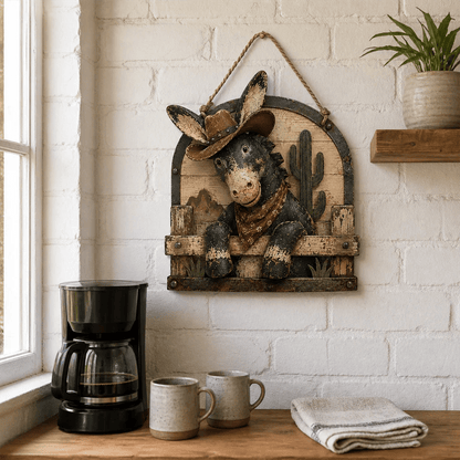 Rustic Cowboy Donkey Wall Hanging – Western Farmhouse Décor & Country Keepsake