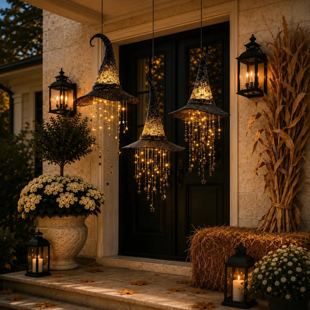 Lighted witch Hat Hanging Decor with Cascading Stars