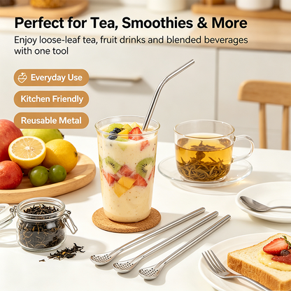 3-Count Stainless Steel Straw-Spoon, Multifunctional Filtered Strainer Scoop for Yerba Mate Tea, Fruit, Beverage, Coffee