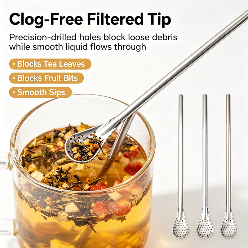 3-Count Stainless Steel Straw-Spoon, Multifunctional Filtered Strainer Scoop for Yerba Mate Tea, Fruit, Beverage, Coffee