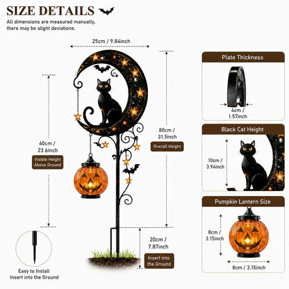 Solar Black Cat & Pumpkin Moon Stake Light