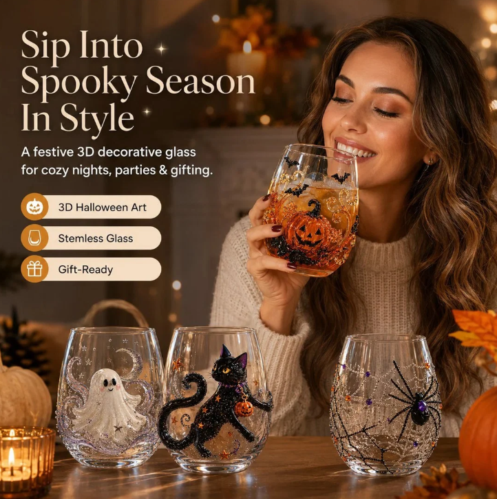LAST DAY 40% OFF 3D Halloween Artisan Glass Cups, Festive Parties & Cozy Fall Home Bar Vibes