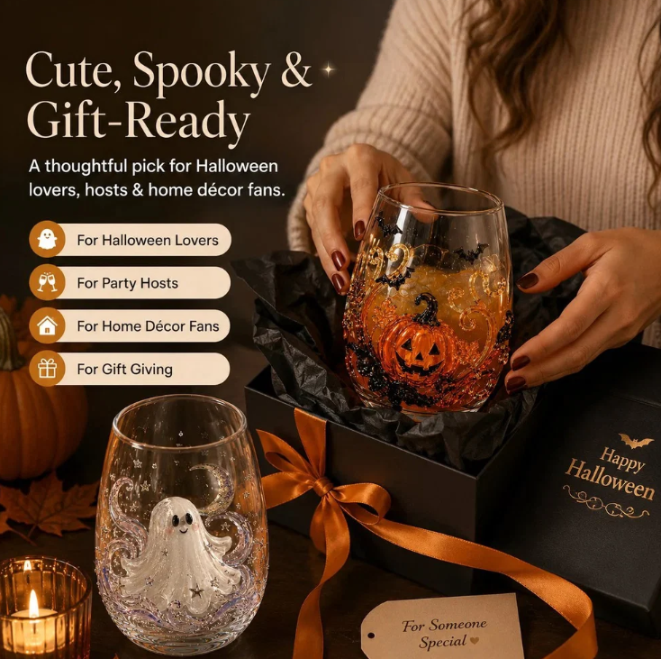 LAST DAY 40% OFF 3D Halloween Artisan Glass Cups, Festive Parties & Cozy Fall Home Bar Vibes