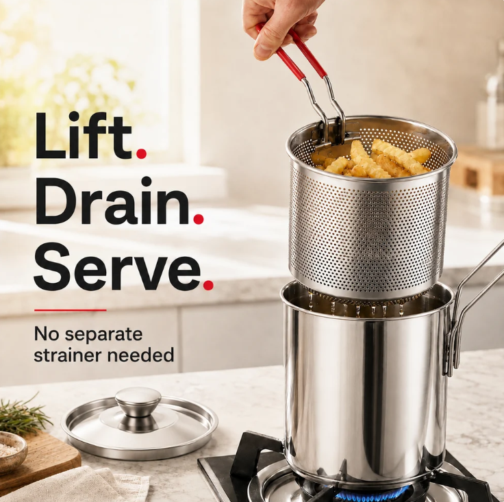 2026 Personal Mini Deep Fryer Set – Stainless Steel Pot with Lift‑Out Draining Basket & Food Tongs