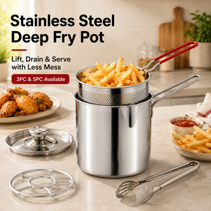 2026 Personal Mini Deep Fryer Set – Stainless Steel Pot with Lift‑Out Draining Basket & Food Tongs
