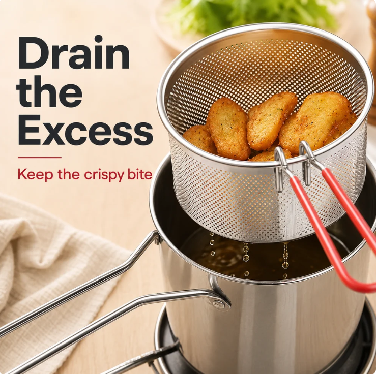2026 Personal Mini Deep Fryer Set – Stainless Steel Pot with Lift‑Out Draining Basket & Food Tongs