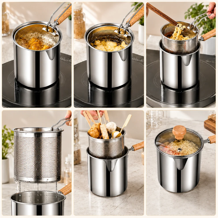 2026 Personal Mini Deep Fryer Set – Stainless Steel Pot with Lift‑Out Draining Basket & Food Tongs