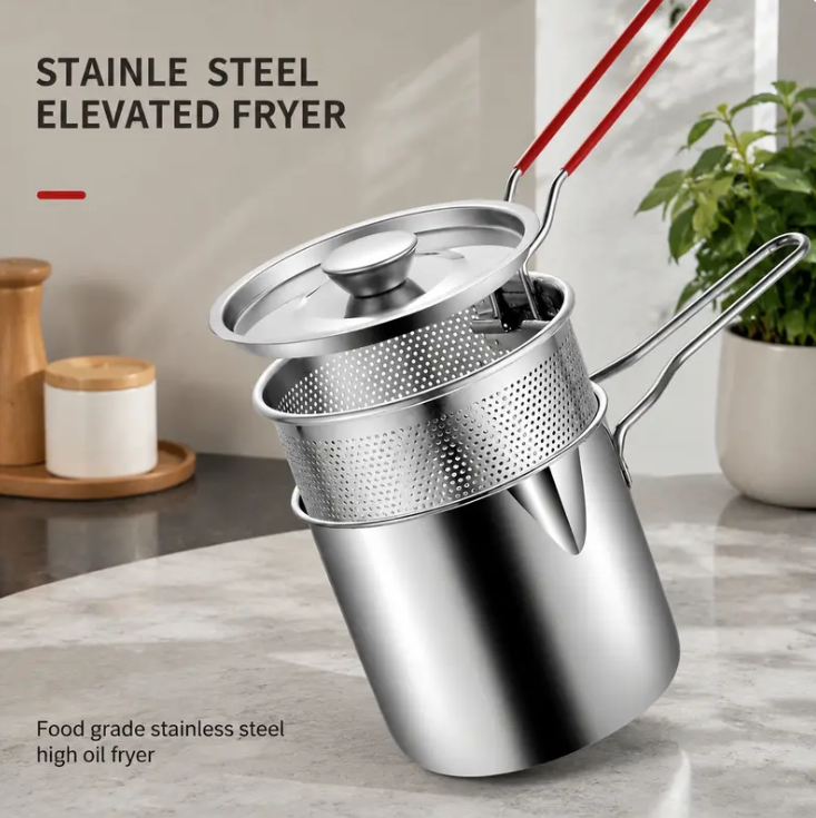 2026 Personal Mini Deep Fryer Set – Stainless Steel Pot with Lift‑Out Draining Basket & Food Tongs