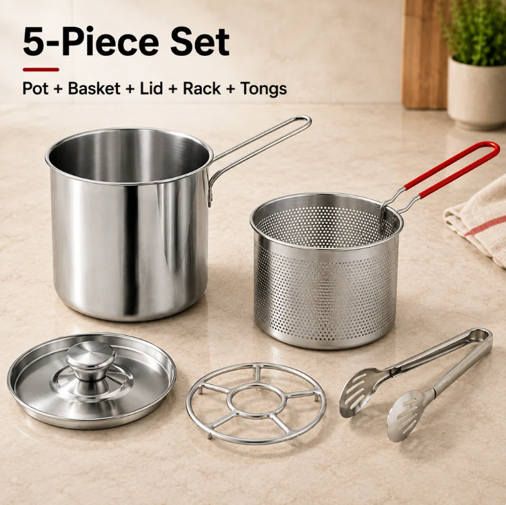 2026 Personal Mini Deep Fryer Set – Stainless Steel Pot with Lift‑Out Draining Basket & Food Tongs
