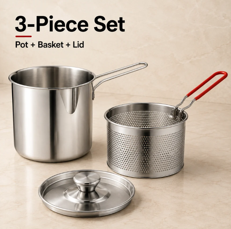 2026 Personal Mini Deep Fryer Set – Stainless Steel Pot with Lift‑Out Draining Basket & Food Tongs