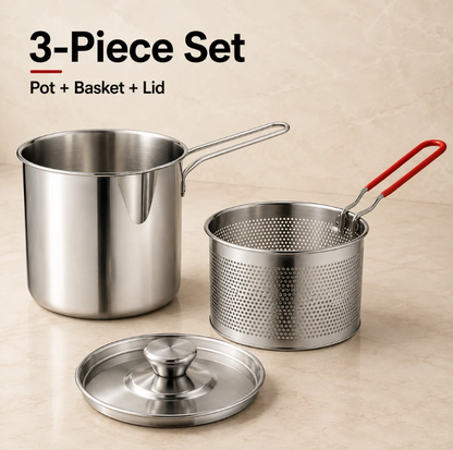 2026 Personal Mini Deep Fryer Set – Stainless Steel Pot with Lift‑Out Draining Basket & Food Tongs