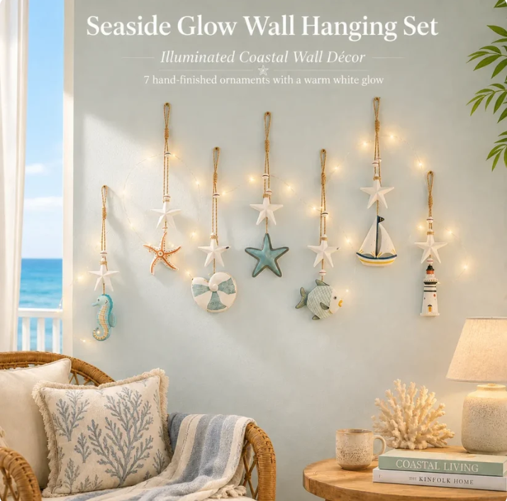 Seaside Glow Wall Hangings Set of 7 Nautical LED Coastal Wall Decor with Remote