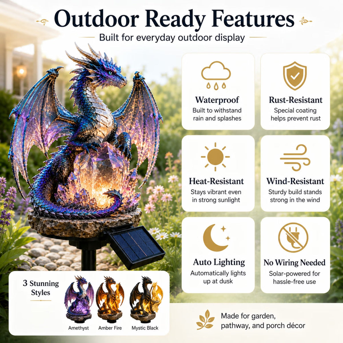 Dragon Lover's Gift Solar LED Dragon Statue – Waterproof Garden & Patio Ornament