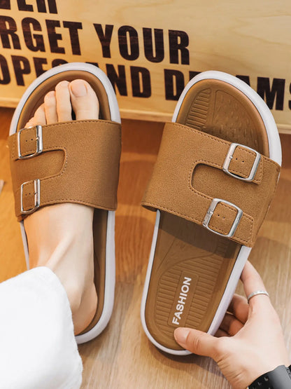 Women's Faux Leather Slides – Open Toe, Lightweight, Breathable