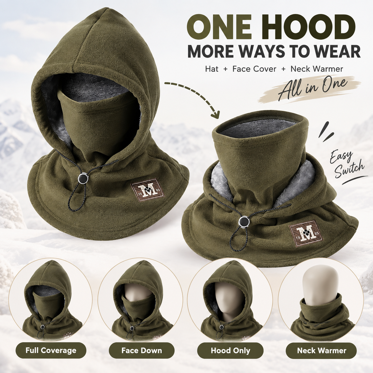 3-in-1 Winter Fleece Balaclava Hood Warm Face, Ear & Neck Cover