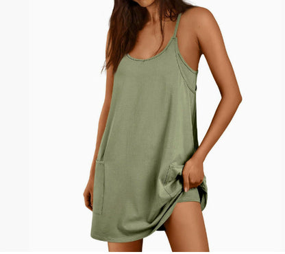 Women's Sleeveless Sports Dress - Athletic V-Neck Spaghetti Strap Mini Sundress