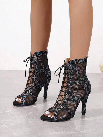 Women's Leopard Print Sandals – Peep Toe, High Heel, Zip