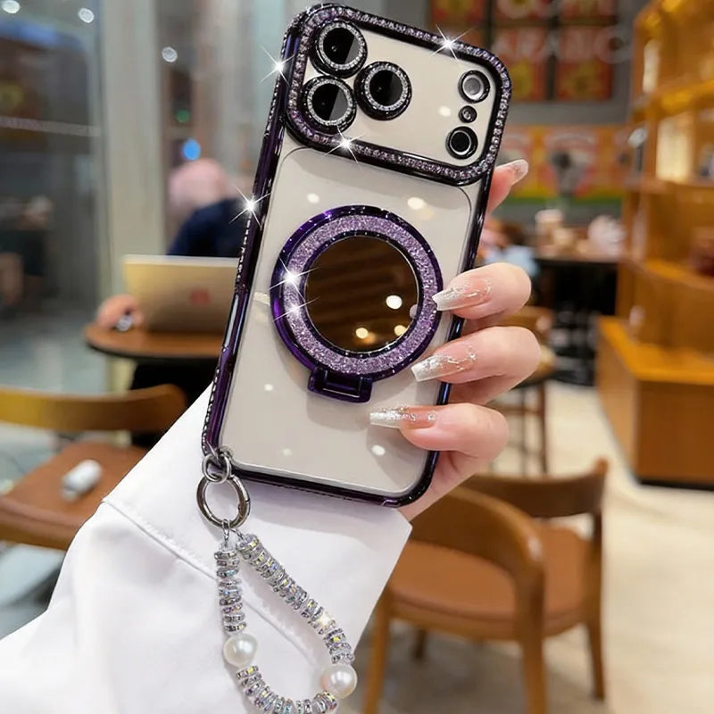 Sparkling Diamond Women's Phone Case with Mirror & Stand for iPhone 12/13/14/15/16/17 Pro Max,17Air,14/15/16 Plus