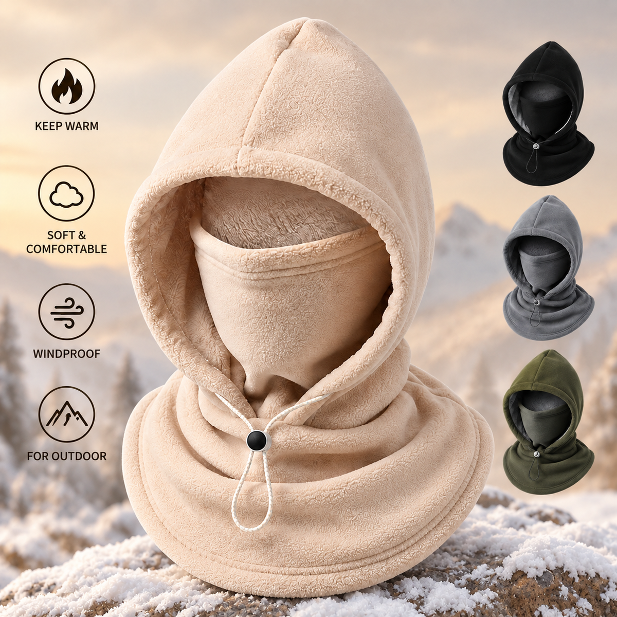 3-in-1 Winter Fleece Balaclava Hood Warm Face, Ear & Neck Cover