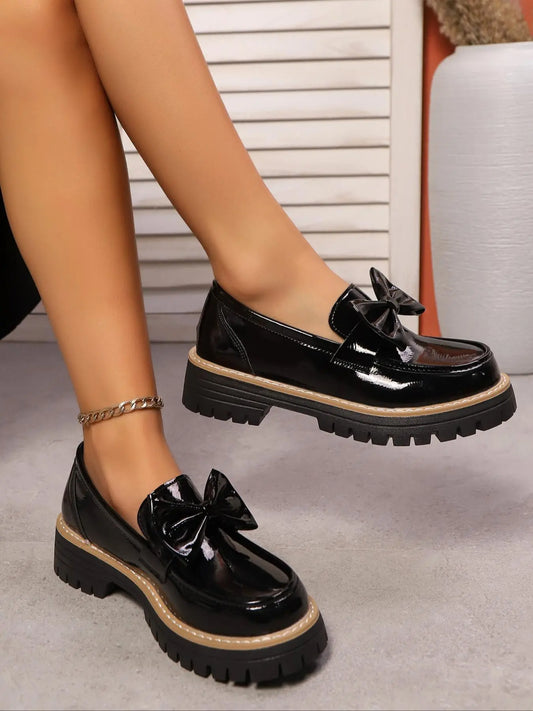 Women's Faux Leather Loafers – Round Toe, Platform, Slip-On