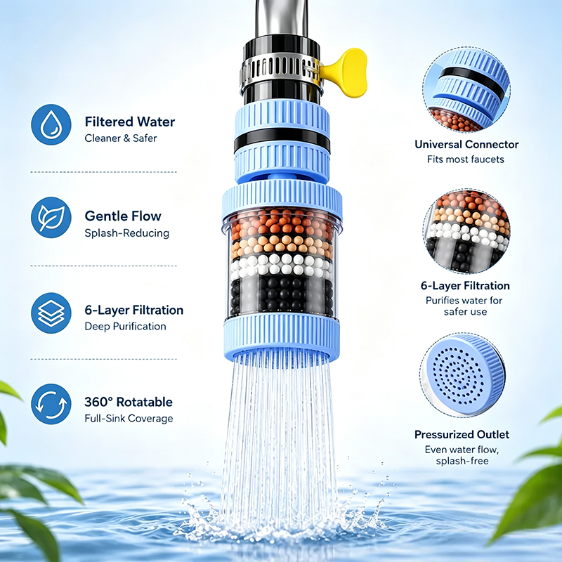 6 Layer Filtration Faucet Water Filter 360 Degrees Rotatable Splash Free