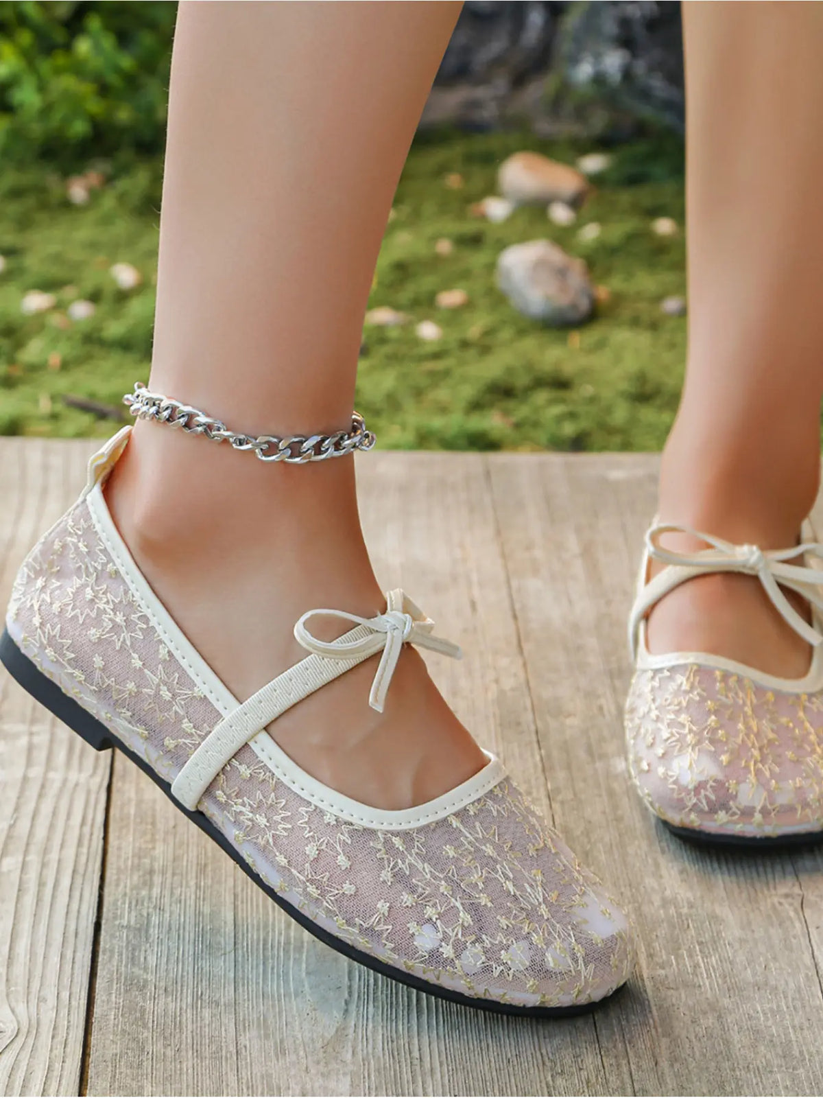 Women's Mesh Mary Jane Flats – Round Toe, Bow