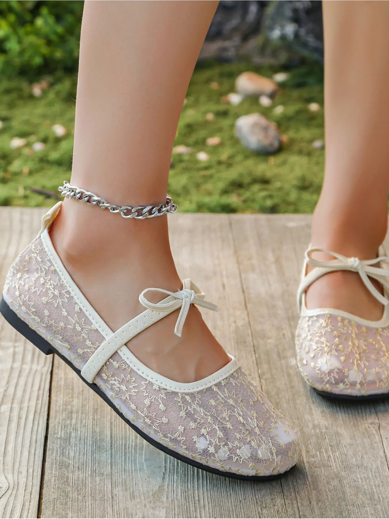 Women's Mesh Mary Jane Flats – Round Toe, Bow