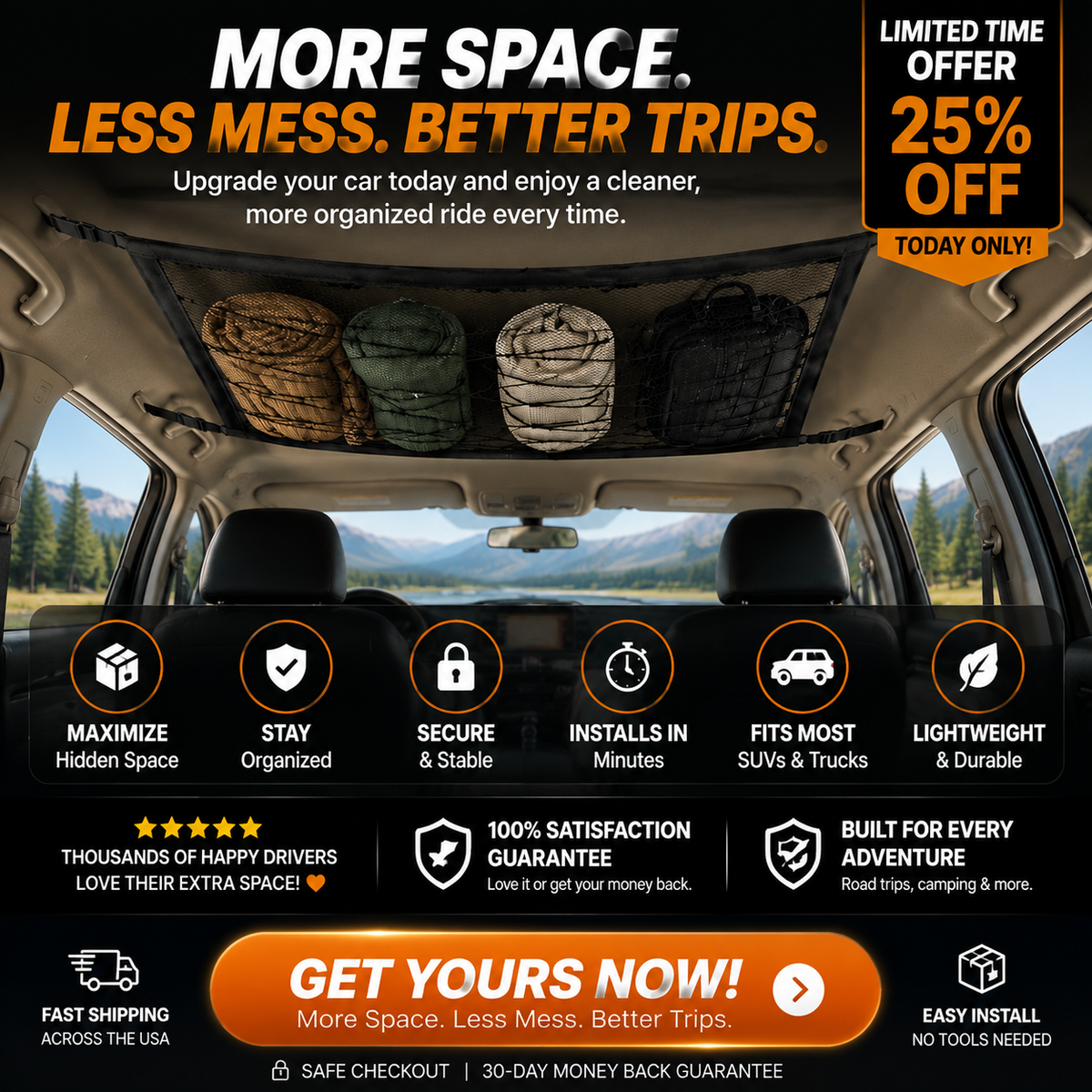 Car Ceiling Cargo Net | Hidden Roof Storage Organizer