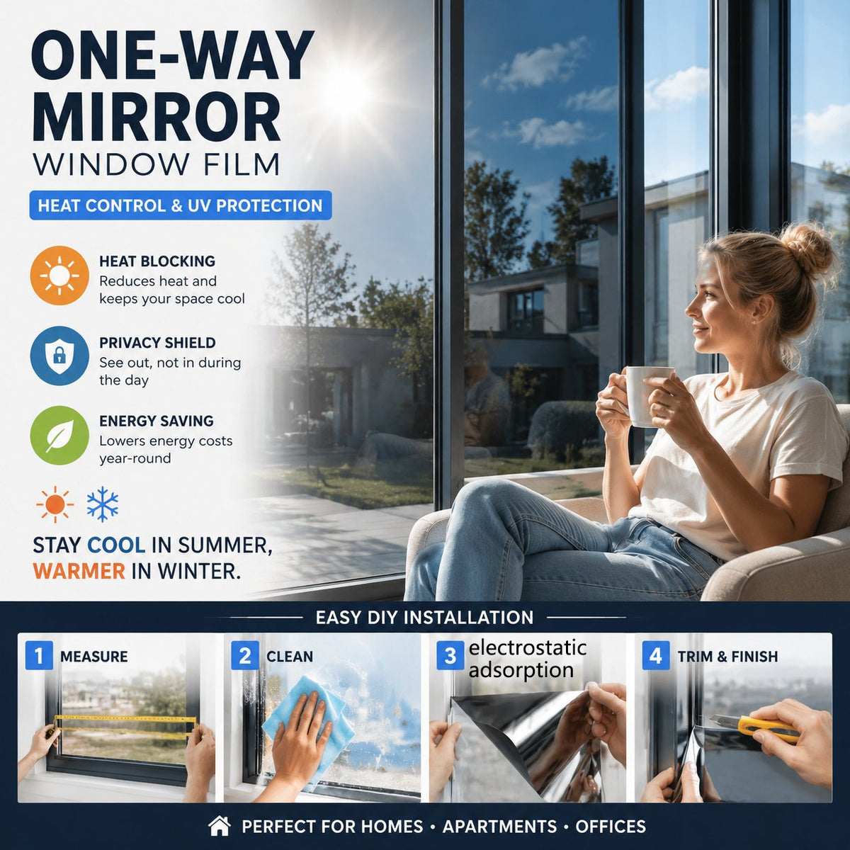 Over 50% OFF NOW One-Way Mirror Window Film for Daytime Privacy, UV Protection