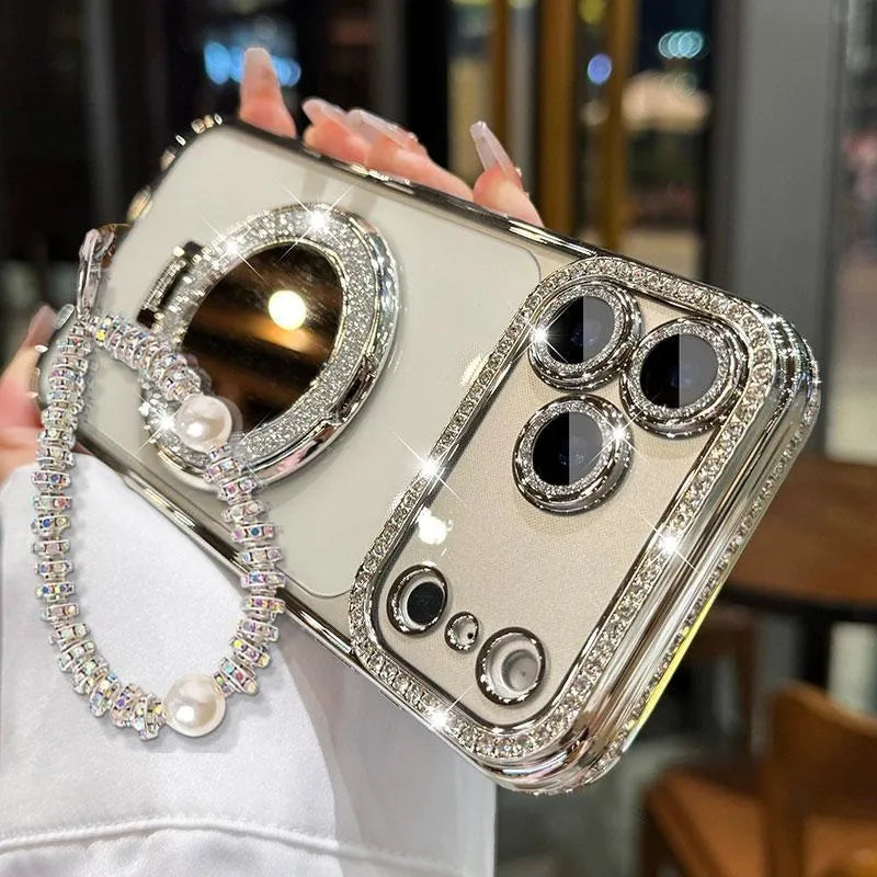 Sparkling Diamond Women's Phone Case with Mirror & Stand for iPhone 12/13/14/15/16/17 Pro Max,17Air,14/15/16 Plus