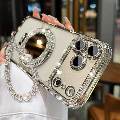 Sparkling Diamond Women's Phone Case with Mirror & Stand for iPhone 12/13/14/15/16/17 Pro Max,17Air,14/15/16 Plus