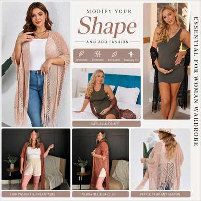 2026 Women’s Lightweight Knit Cardigan – Oversized Open Front, Hollow-Out Crochet Tassel Kimono Sweater for Spring & Summer